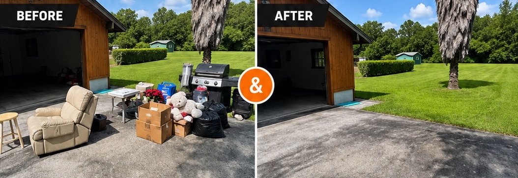 Junk removal in Gainesville FL — garage and driveway cleanout before and after by OverKnight