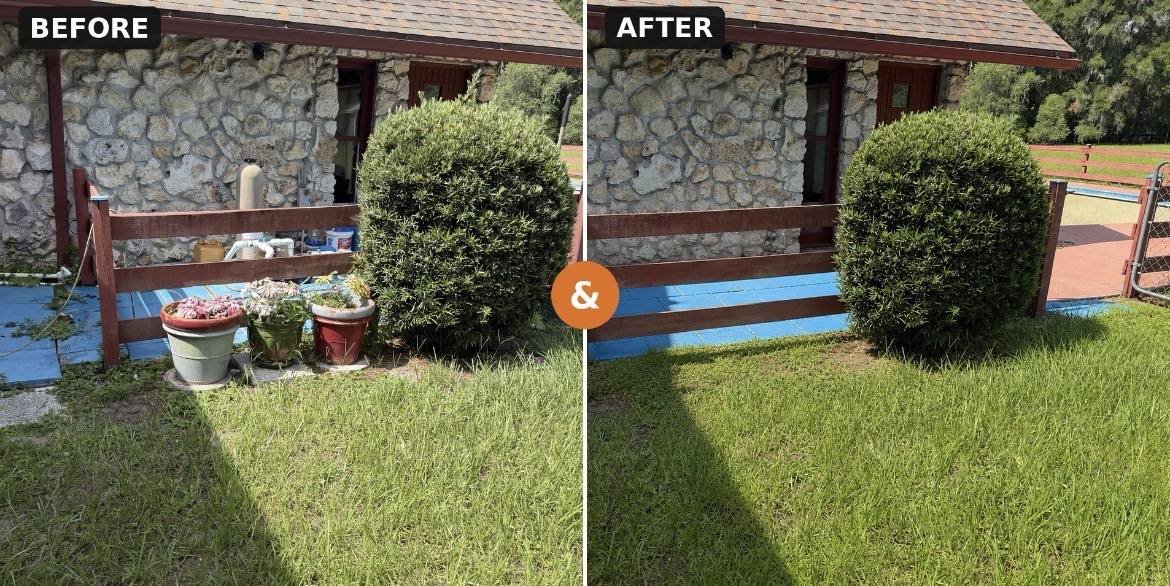 Before and after porch and yard junk removal — planters and debris hauled away
