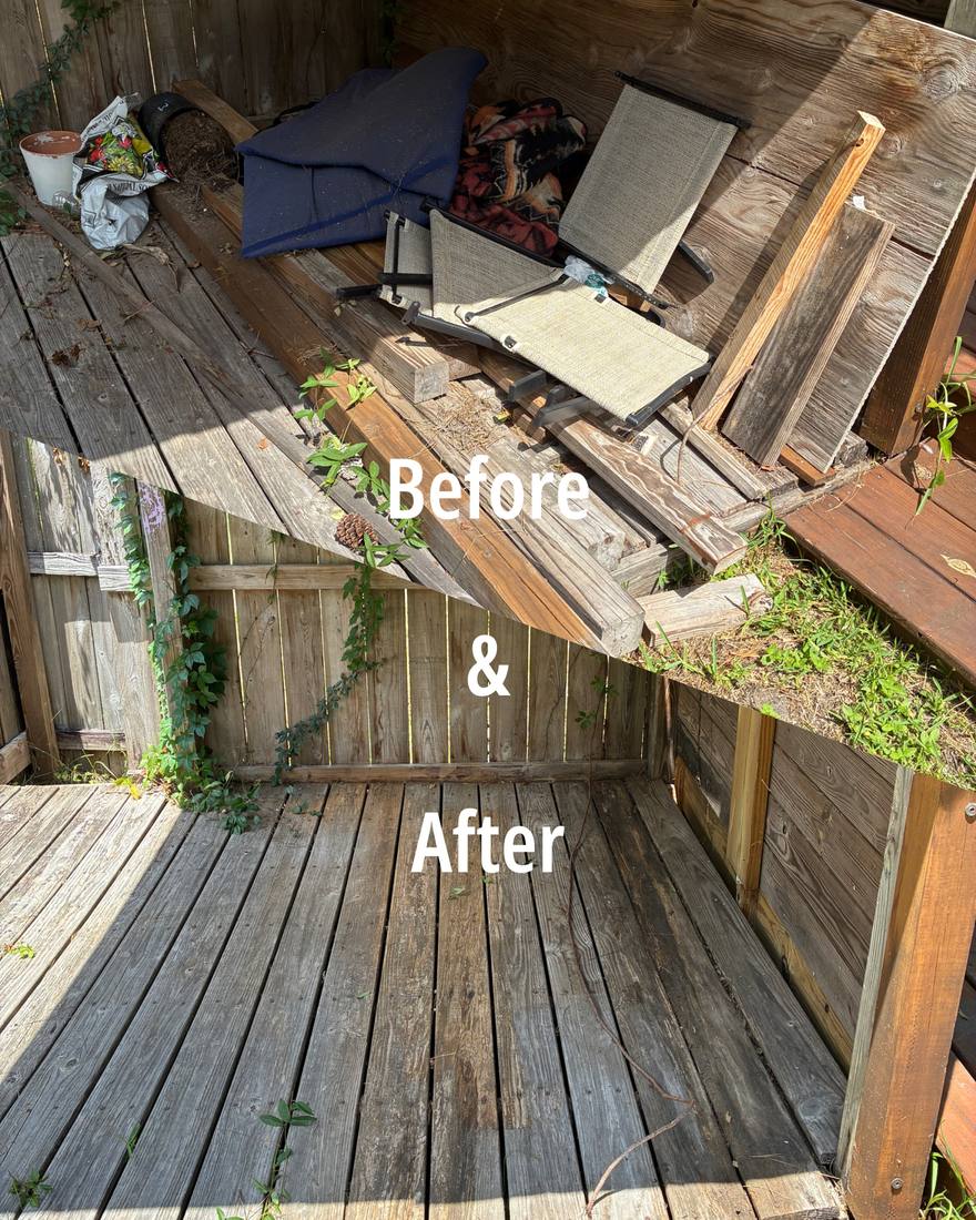 Deck cleanout before and after — wood debris and old patio furniture junk removal